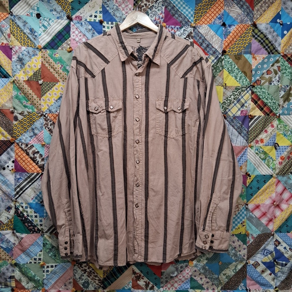 Scully Diamond Snap Western Rodeo Shirt Espresso Brown Raw Edge Stripes Sz XXL